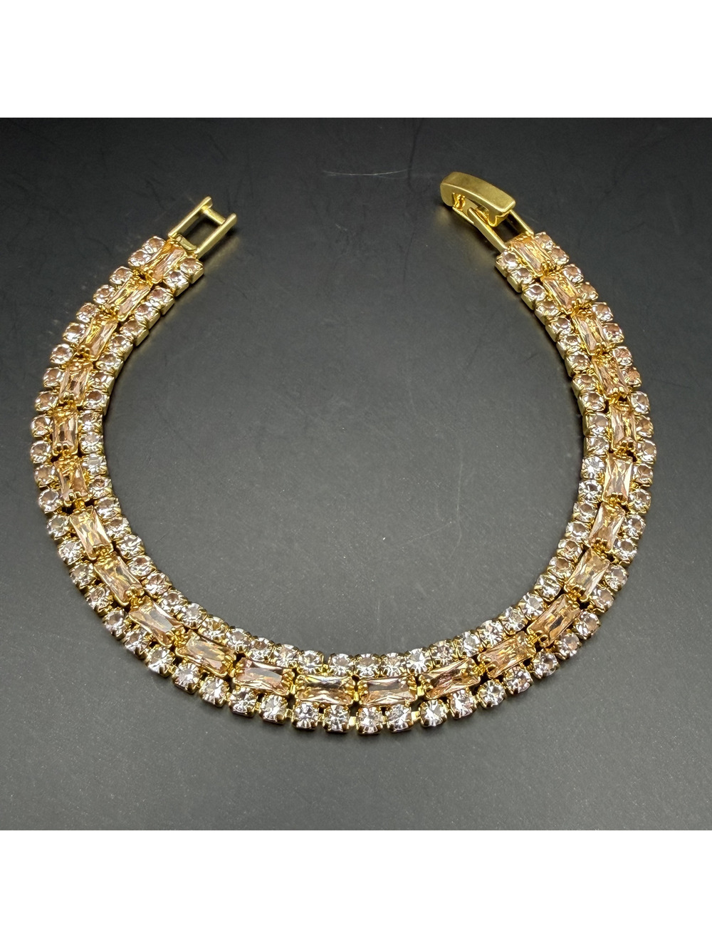 candy+clover champagne & clear crystal three tier gold tone bracelet